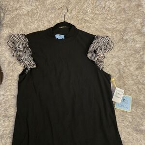 CeCe Black Top with Gingham Ruffle Sleeves